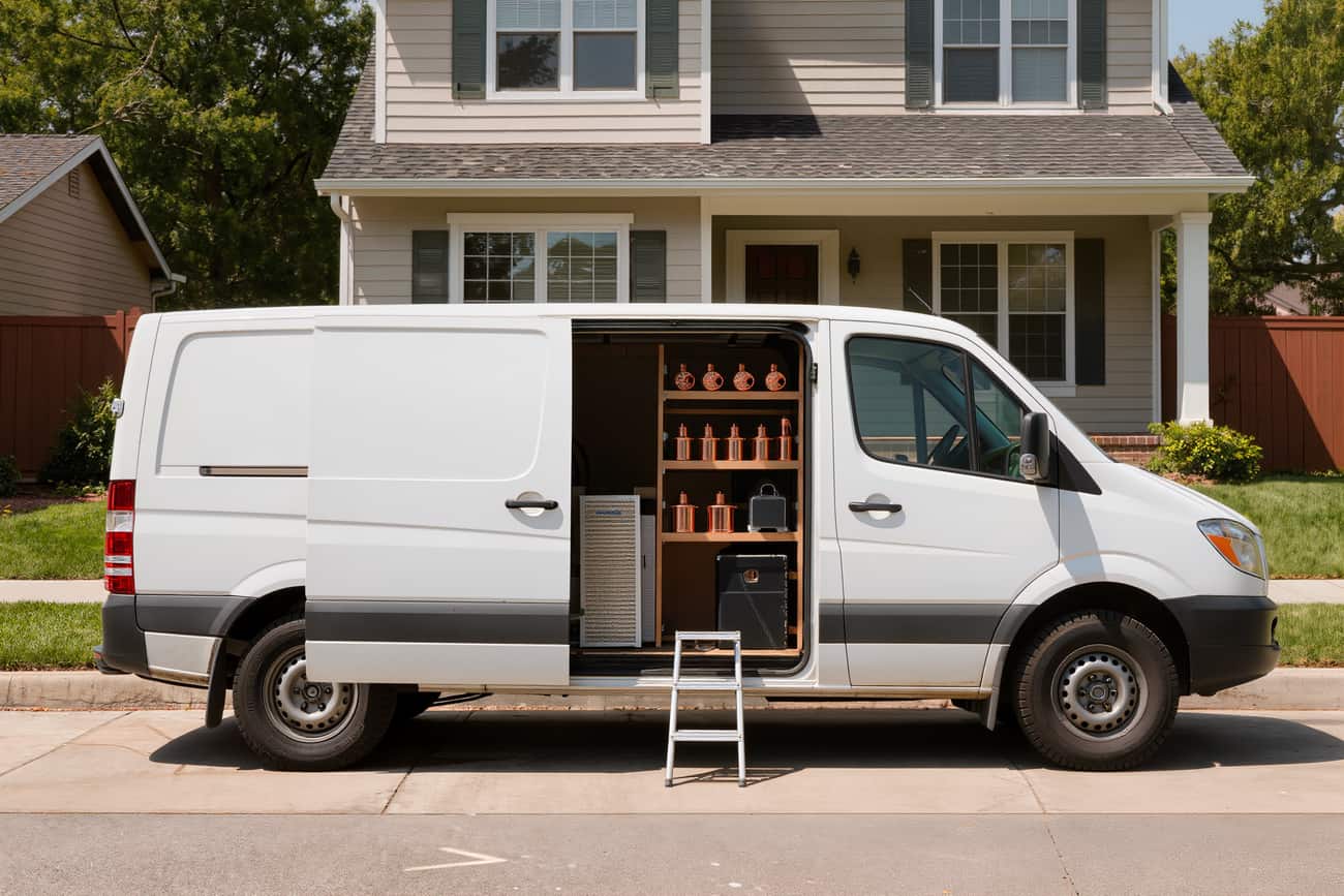 Plain white service van parked in a driveway with the side door open on shelved parts