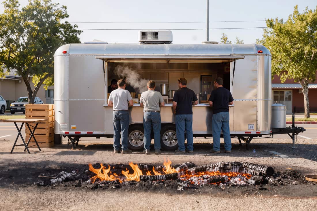 A line of customers waiting at the service window of a barbecue trailer on a gravel lot.