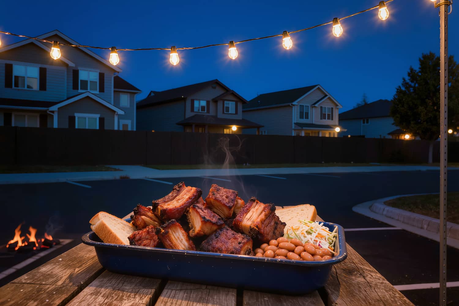 A tray of burnt ends with beans and slaw on a picnic table at dusk under warm string lights.