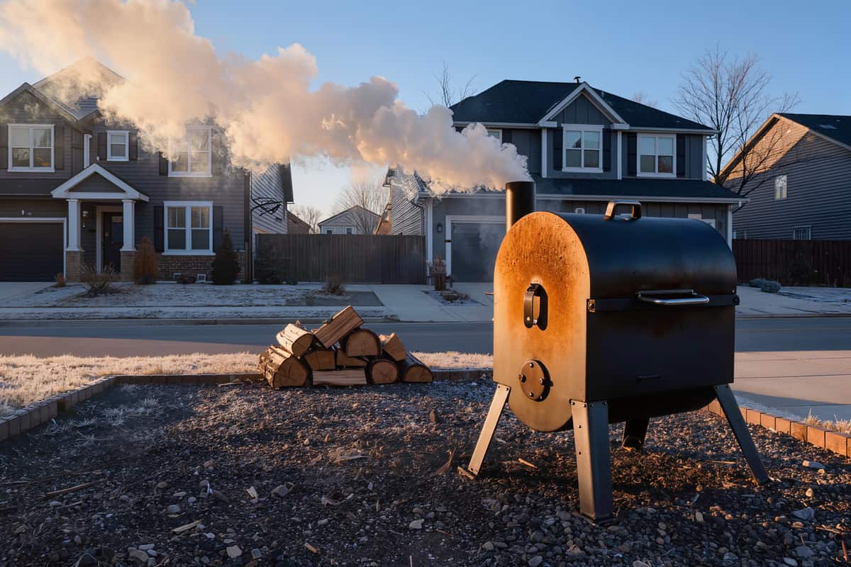 Smoke drifting from the stack of an offset smoker on a gravel lot in cold blue light at dawn.