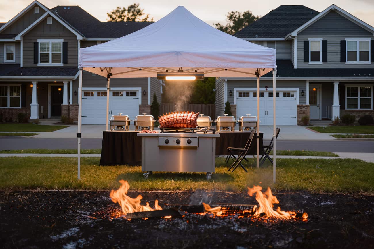 A carving station and chafing pans set up under an open catering tent on a lawn in late afternoon.