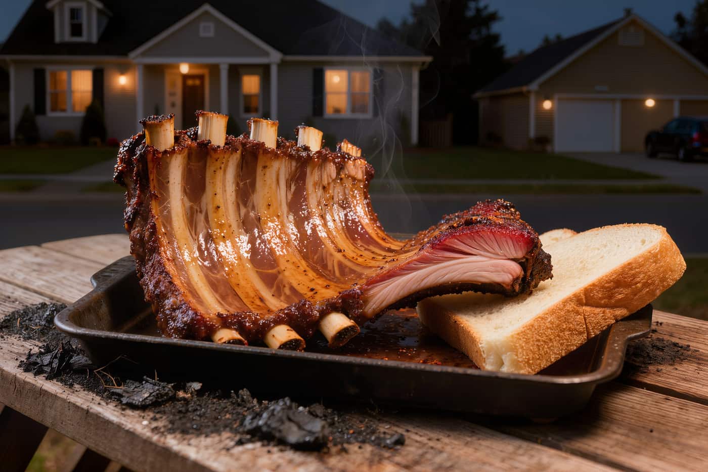 Half a rack of ribs and white bread on an enamel tray under a work lamp at night.