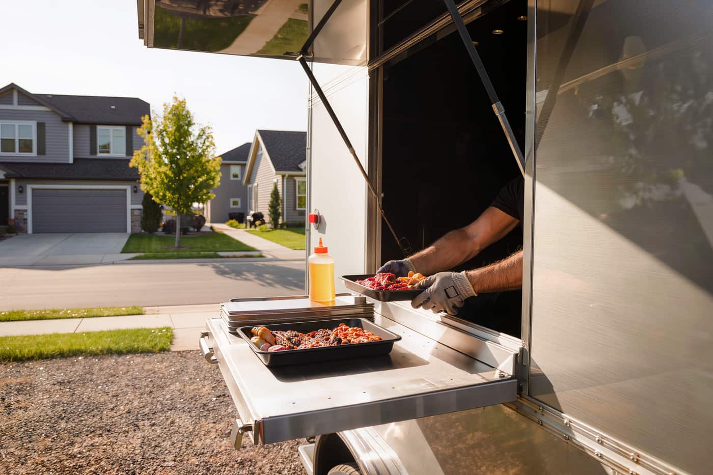 A loaded tray handed across the service window ledge of a barbecue trailer at midday.
