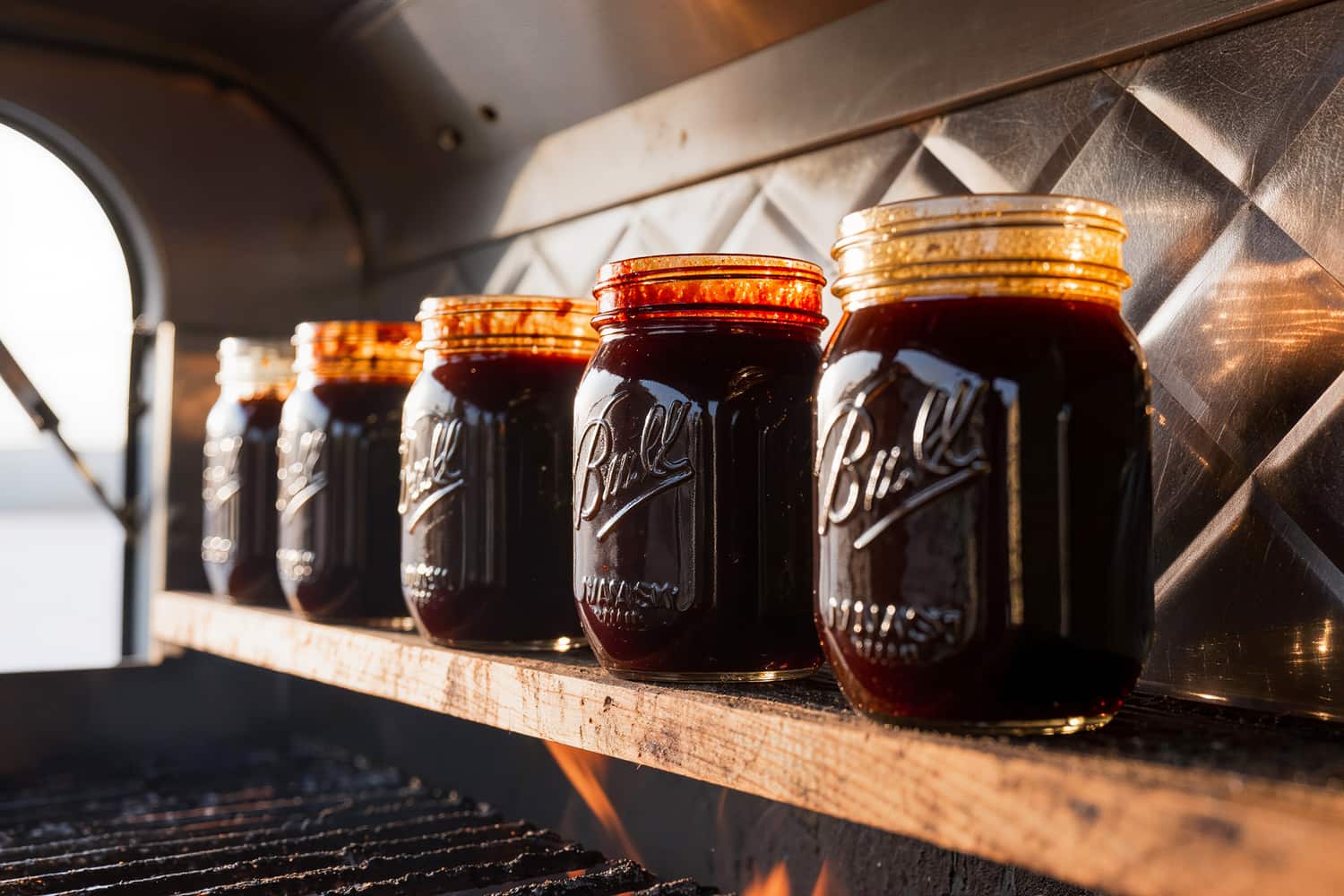 Unlabelled jars of barbecue sauce lined up on a wooden shelf inside a barbecue trailer.
