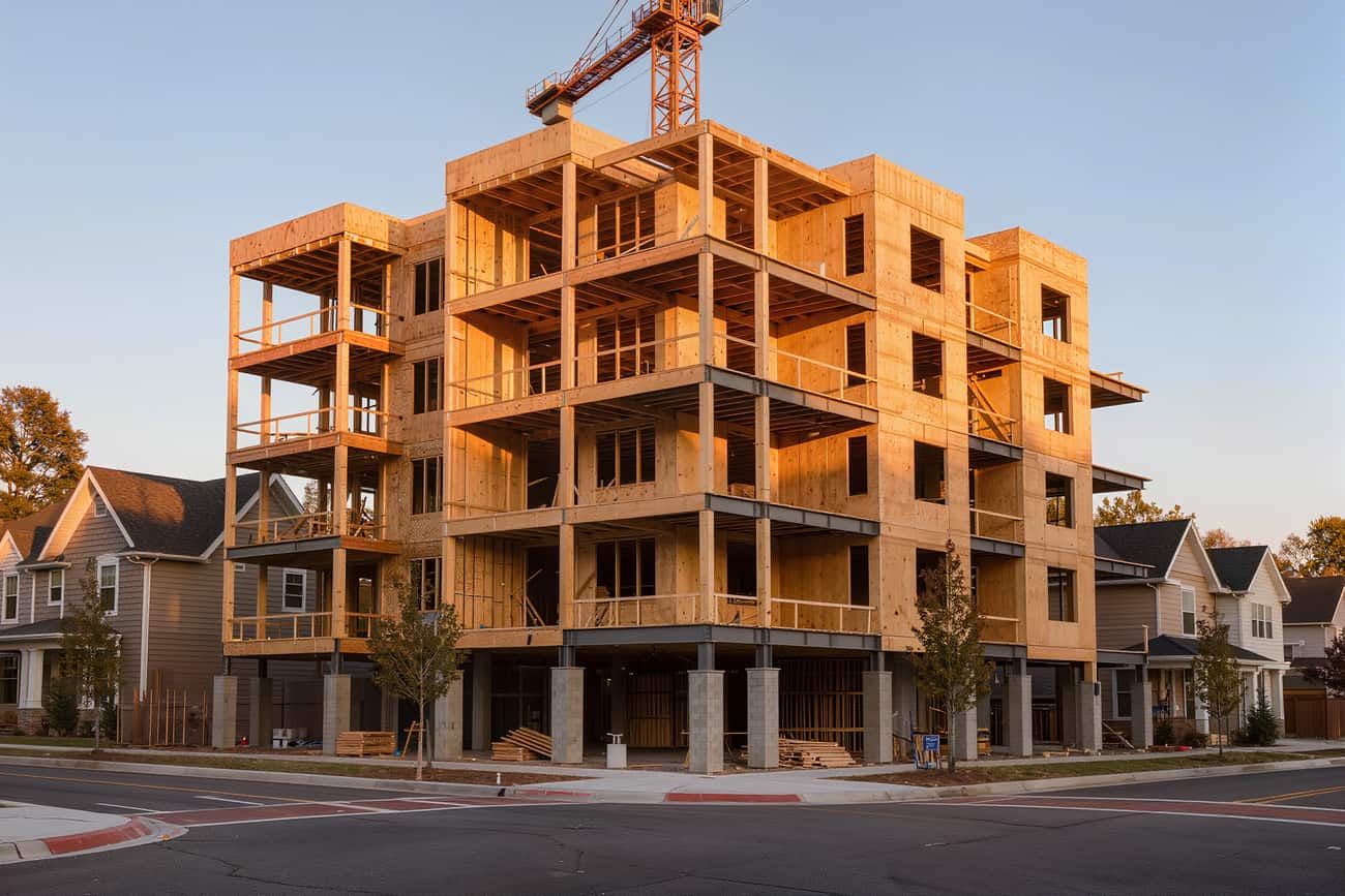 A multi-family building at the framing stage with timber and steel in low golden-hour light.