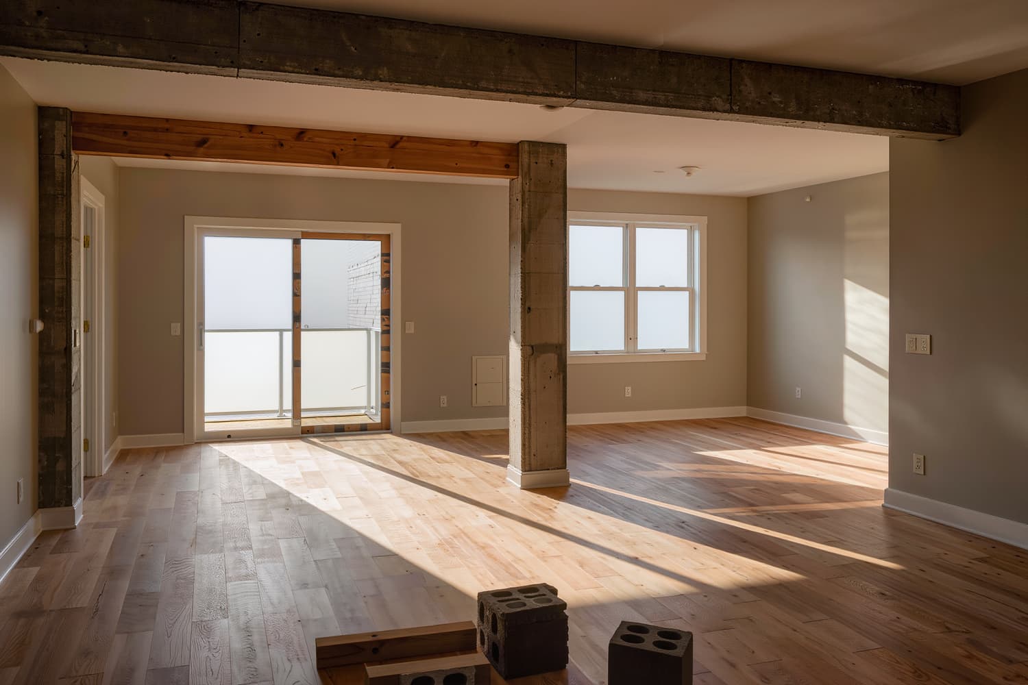 An empty apartment living room on handover day with morning light across the floor.