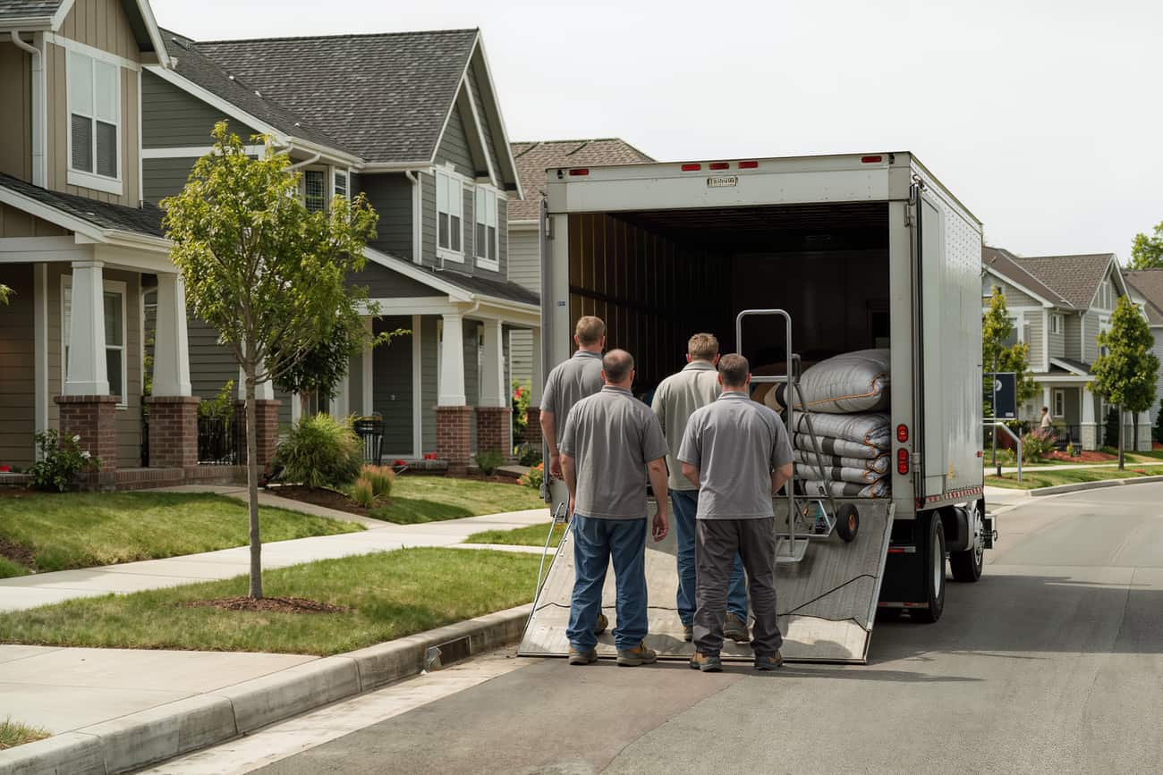 A crew of three standing at the open tailgate of their moving truck, seen from behind.