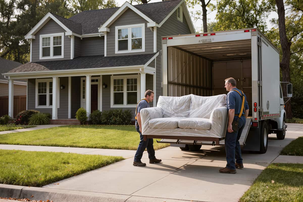 Two movers carrying a blanket-wrapped sofa across a lawn toward an open truck.