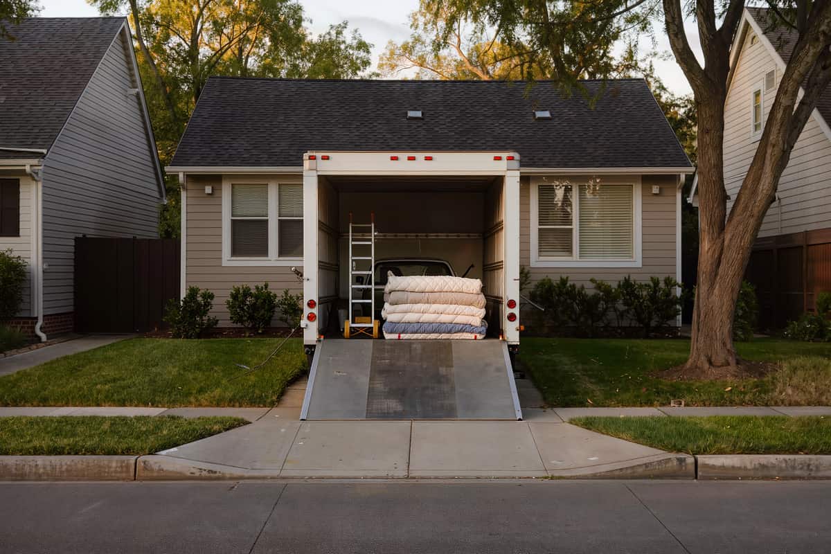 A plain box truck parked at the curb of a suburban home with its ramp down.