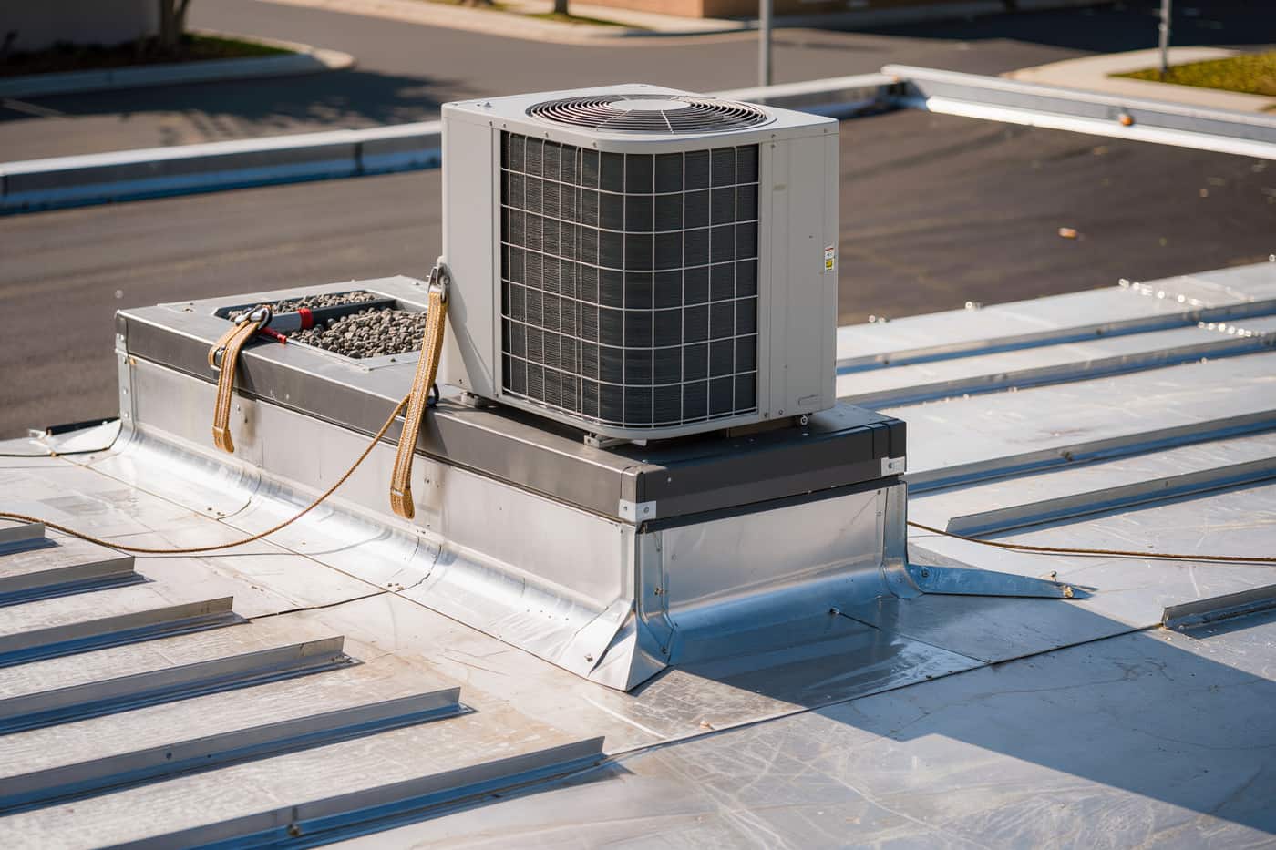A packaged rooftop unit being set onto a new sheet metal curb on a flat commercial roof