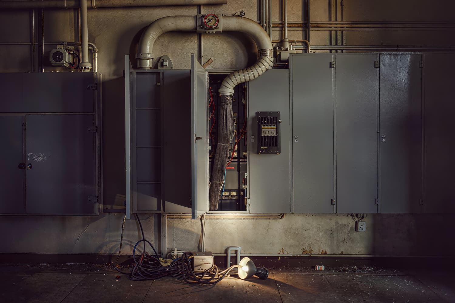 An open control enclosure on a mechanical room wall with conduit entering the top