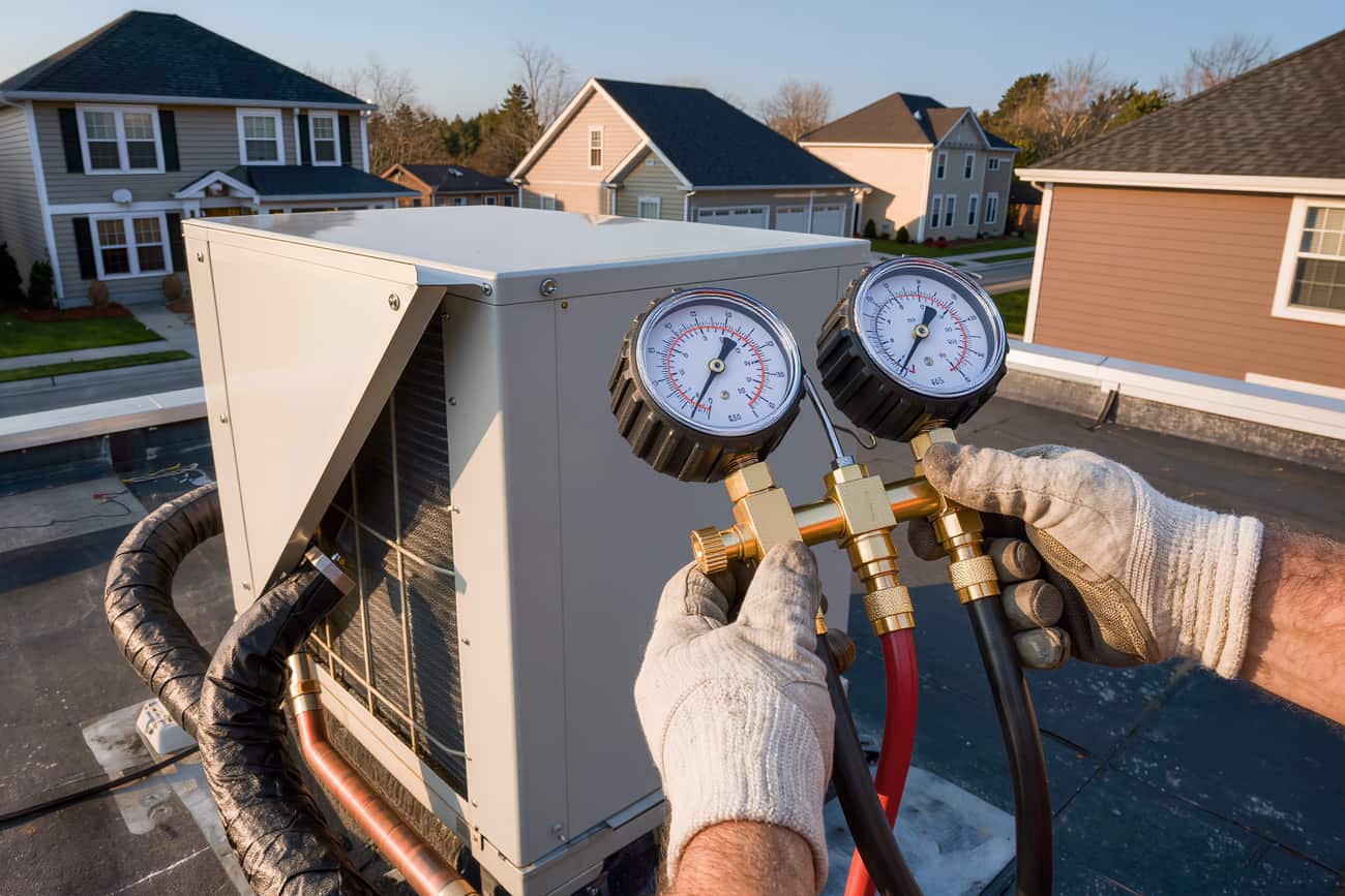 Gloved hands holding a refrigerant manifold clipped to the service ports of a condensing unit