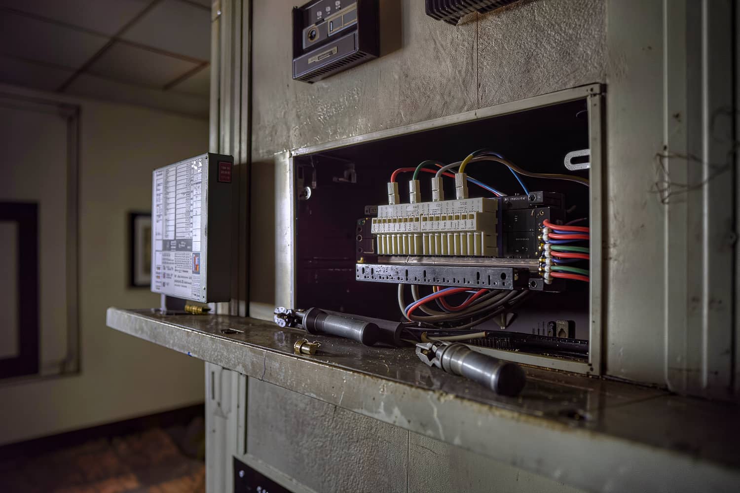 Close-up of an open control panel with neatly dressed low-voltage wiring on a board