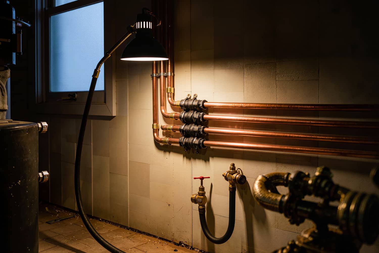 Newly brazed and insulated copper lines clamped to strut in a mechanical room