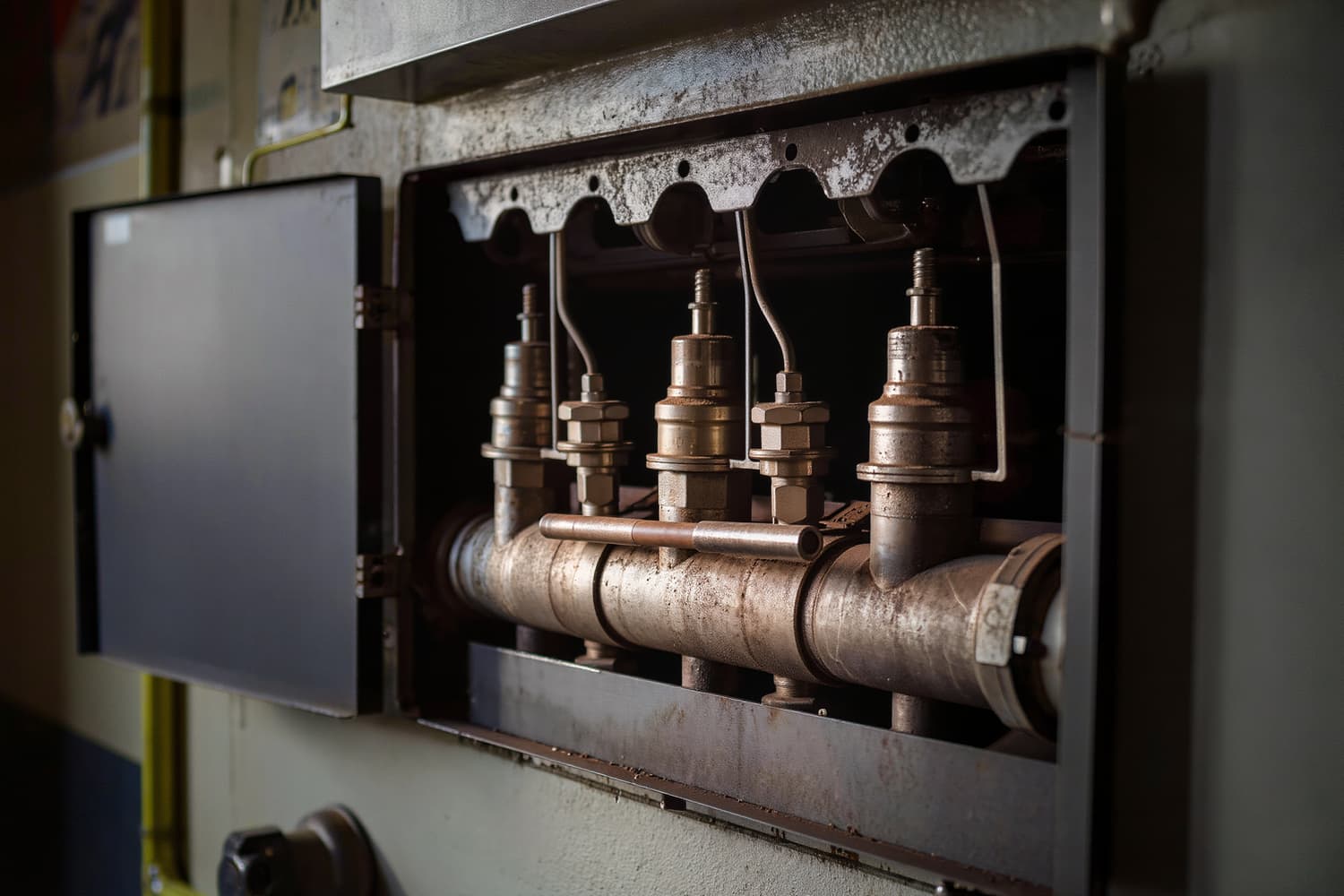 Close-up of the burner section of a commercial gas furnace with the panel removed