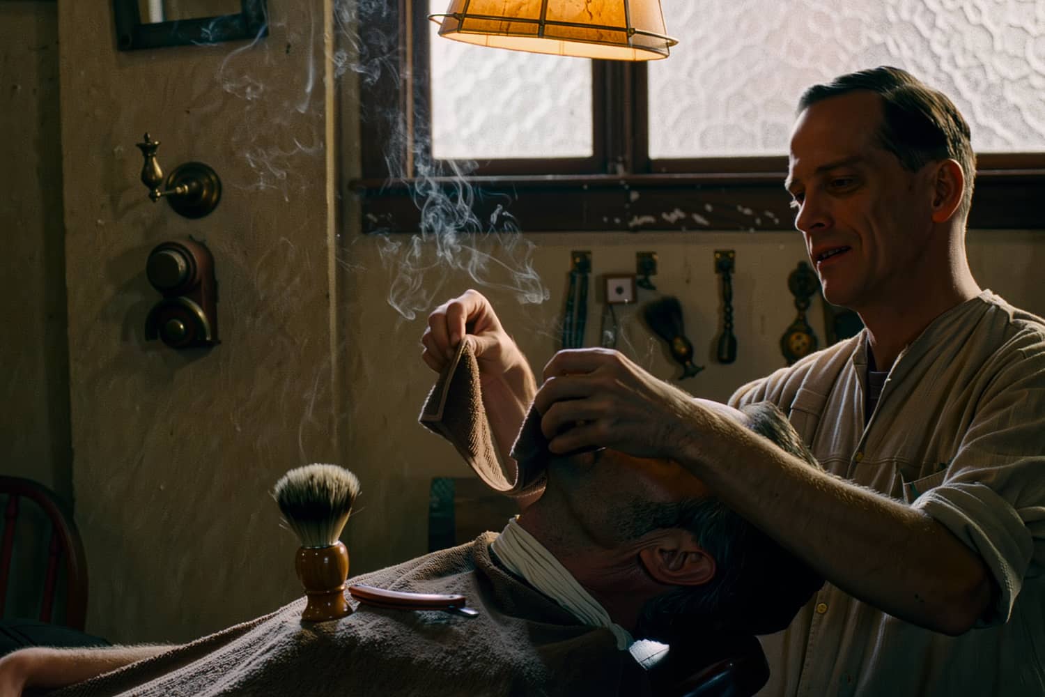 Hands unfolding a steaming hot towel above a reclined client's caped chest
