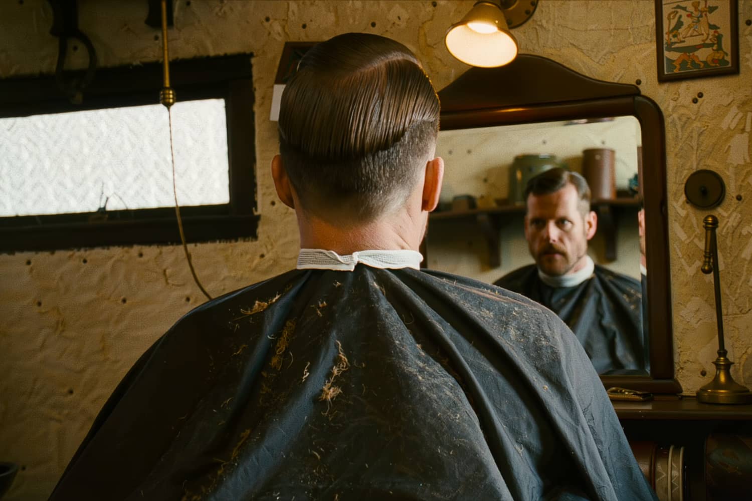 A fresh side part and low taper seen from directly behind a caped client