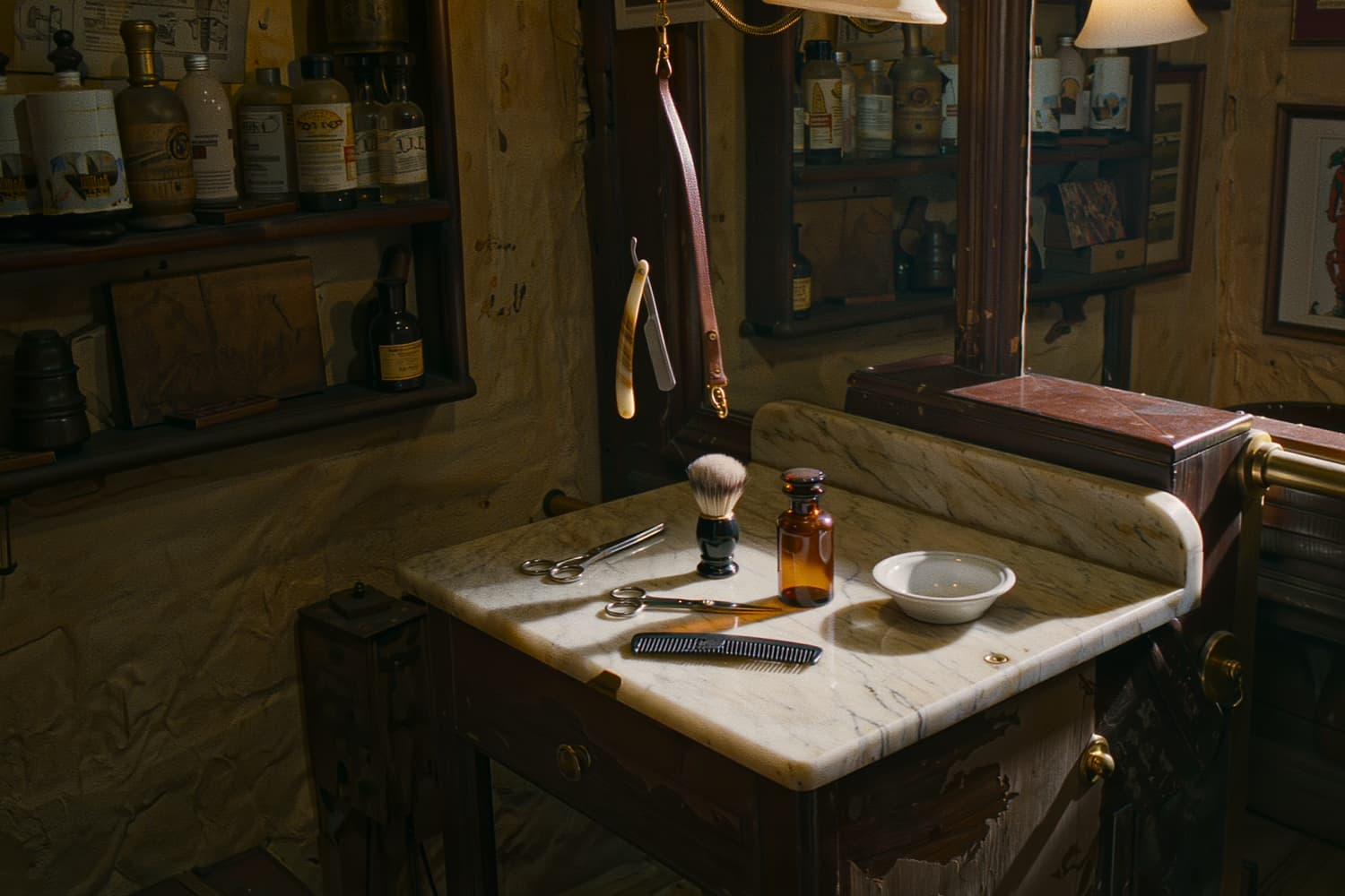 A straight razor, strop, shears and brush laid out on a worn marble station top