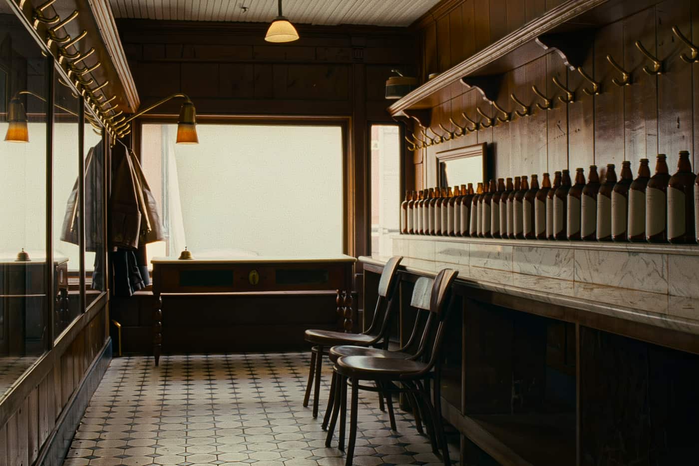 A wide view of a three-chair barbershop between appointments in the afternoon