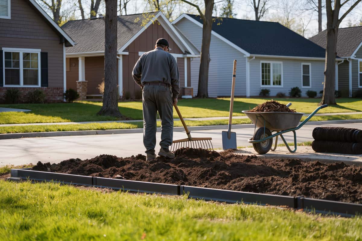 A front-yard bed under construction with a wheelbarrow of mulch and stacked sod rolls
