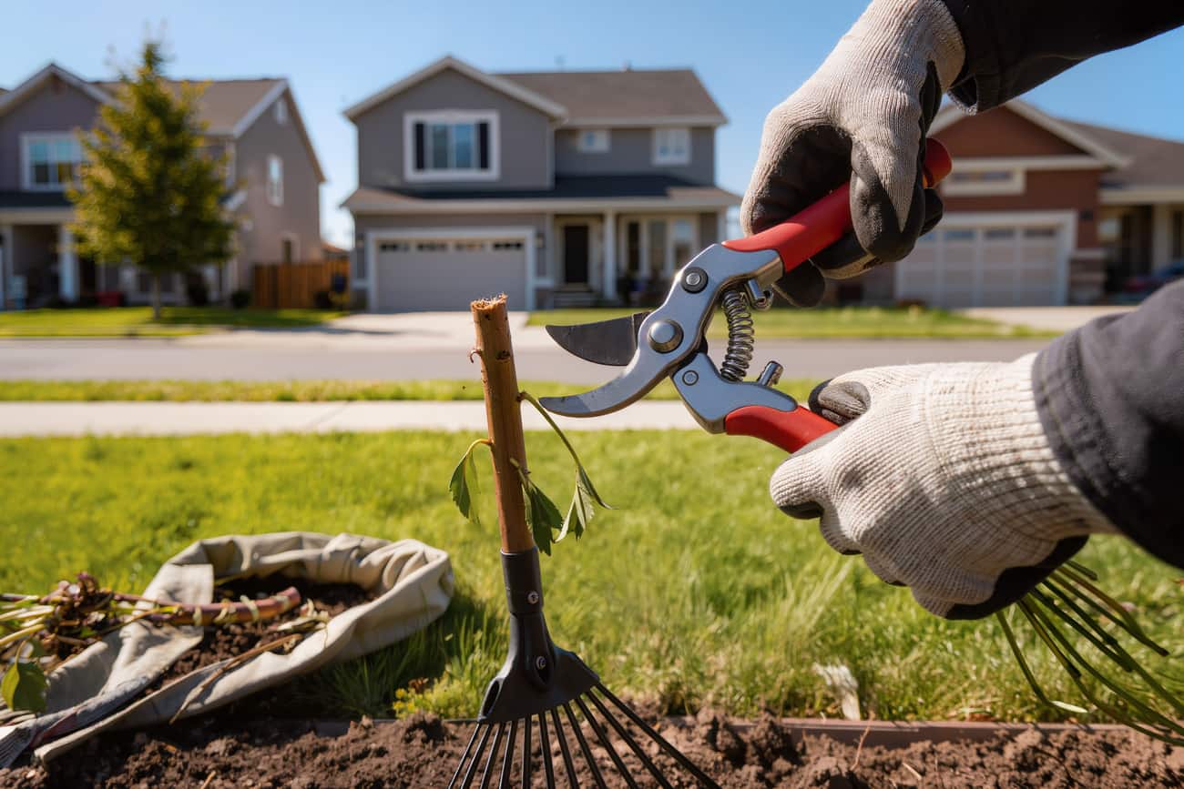 Gloved hands closing bypass pruners on a spent perennial stem in bright midday light
