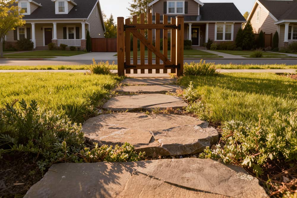 A flagstone stepping path through mown turf in warm raking side light