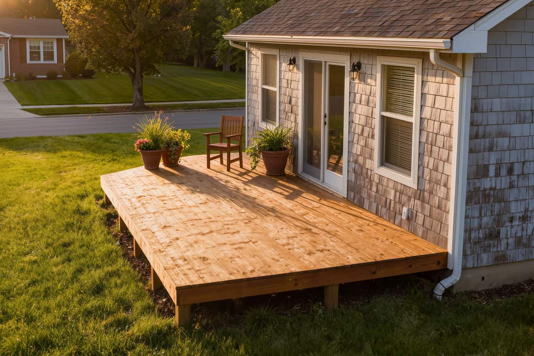 A cedar backyard deck with clay planters of grasses at golden hour