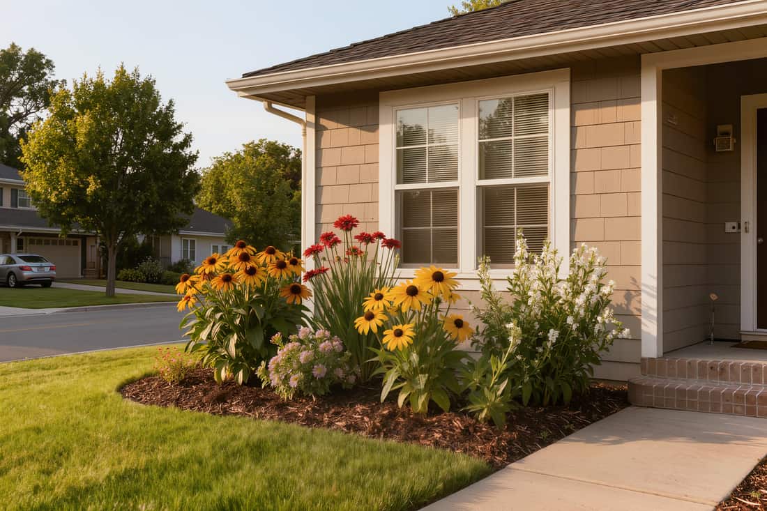 A foundation bed in mid-summer bloom photographed square-on in bright midday light