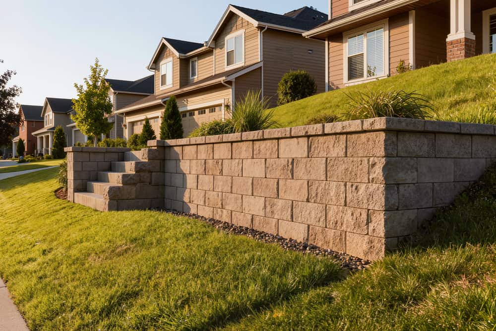 A dry-stacked block retaining wall on a sloped side yard in clear morning light
