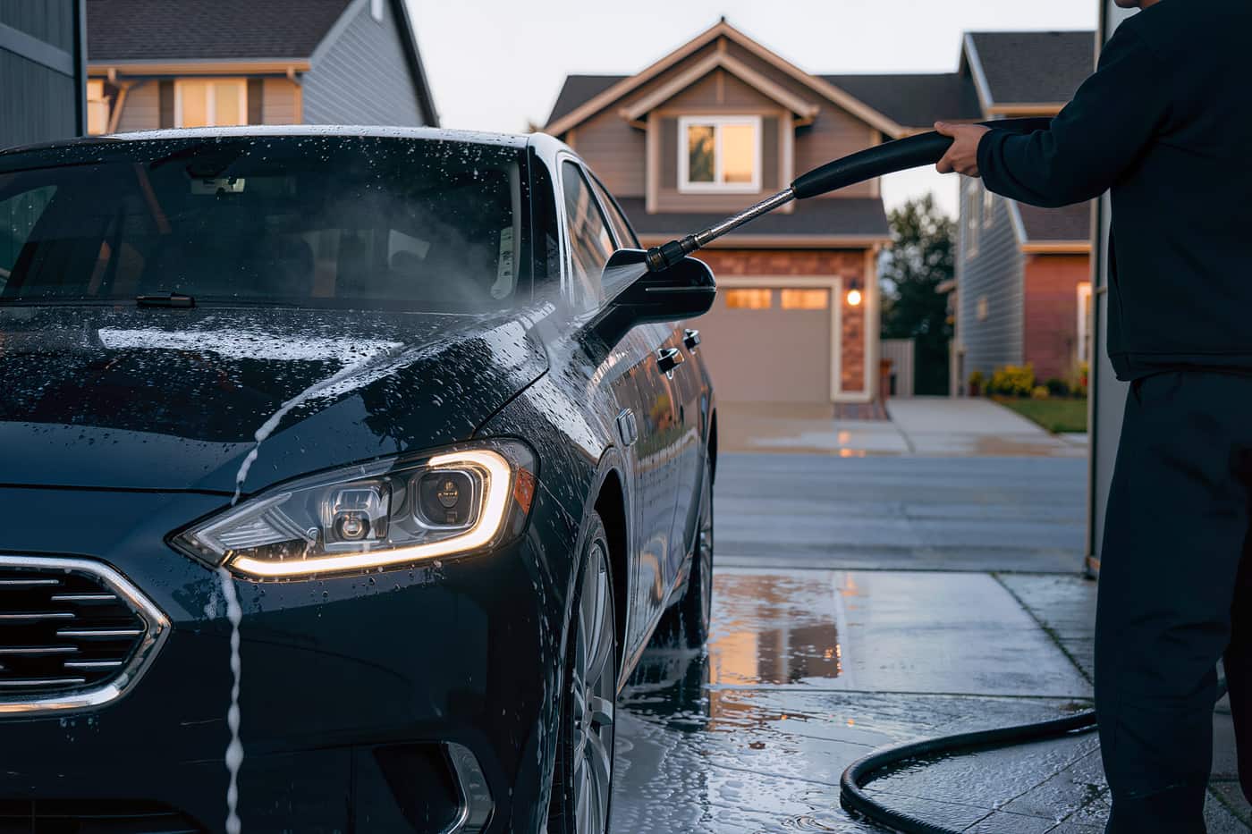 Water sheeting off a dark sedan during an evening rinse on a driveway