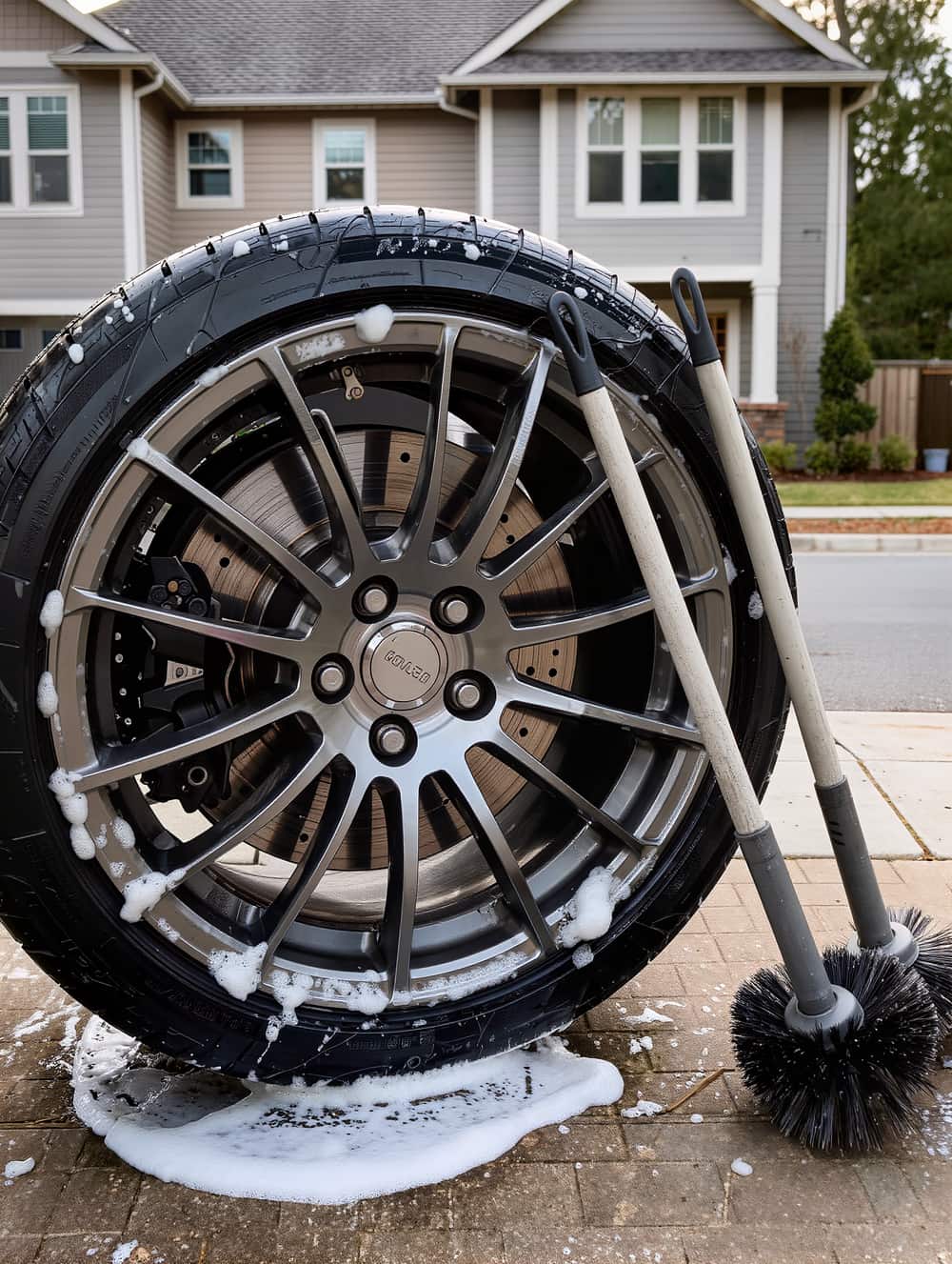 Close crop on an alloy wheel mid-clean with foam on the tyre sidewall