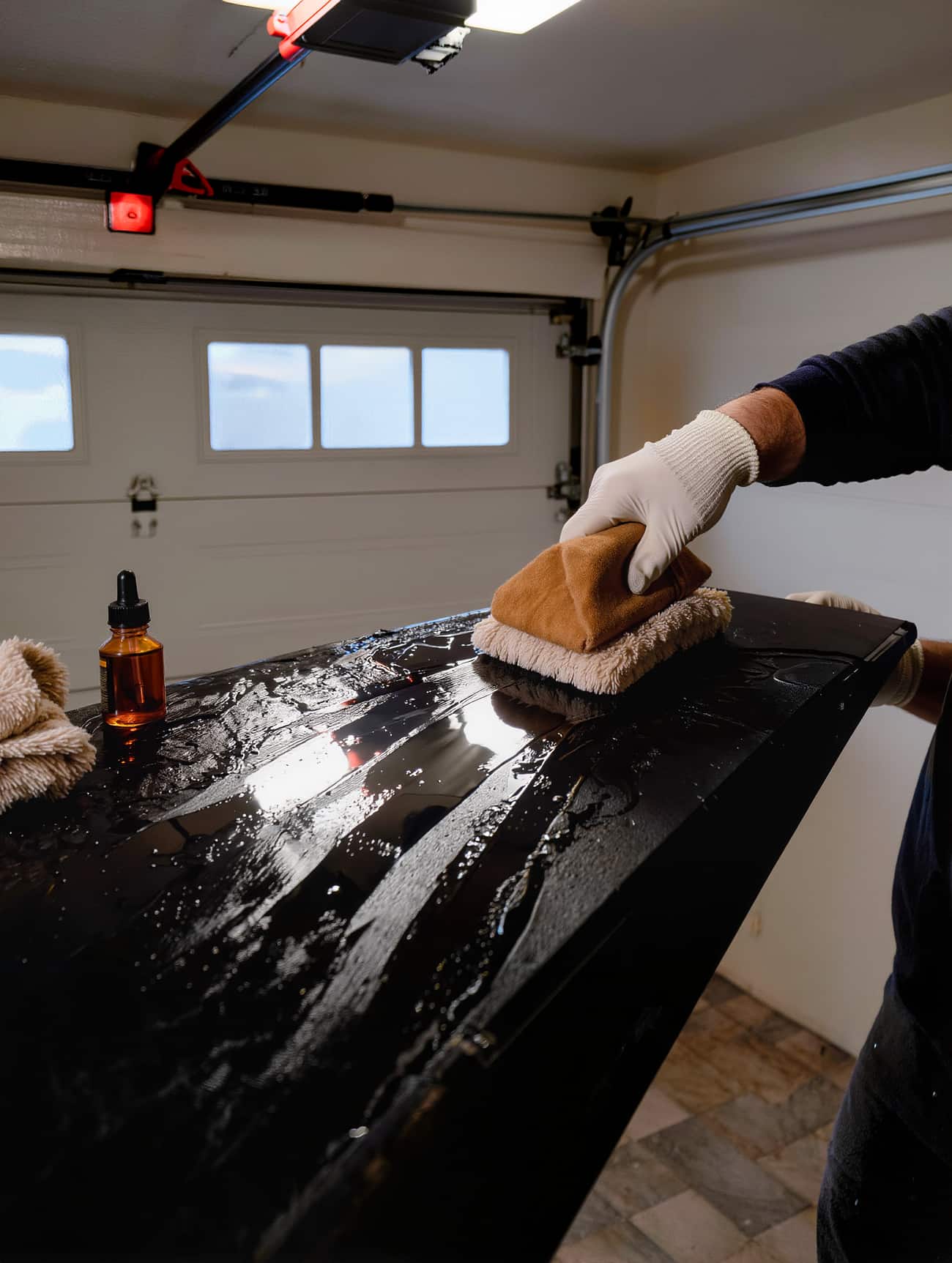 Gloved hands drawing a coating applicator across a black door panel in a garage