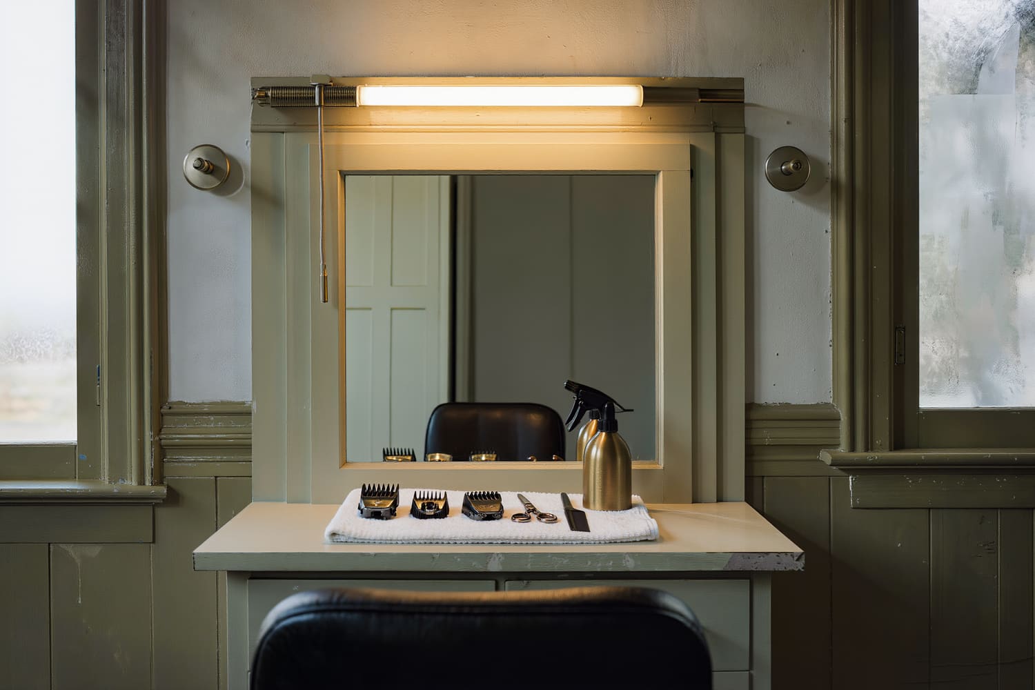 Single station in the evening, tools laid in a row on a folded towel under a warm lamp
