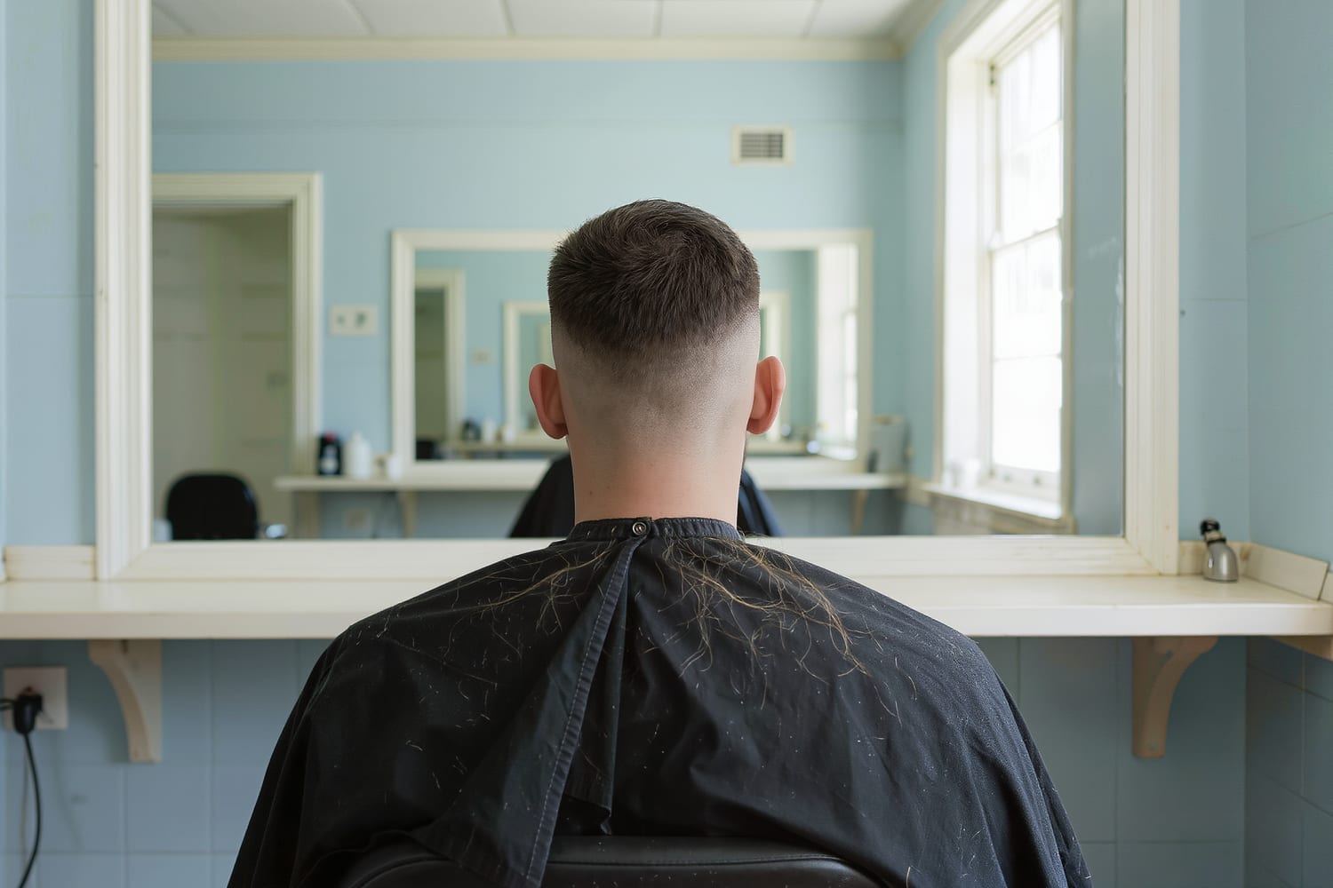 Finished skin fade seen from directly behind, clean taper up the nape