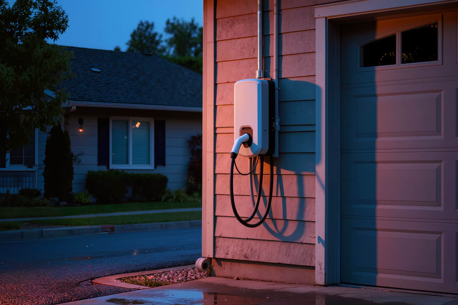 Outdoor-rated car charger on a lap-sided wall beside a driveway at dusk