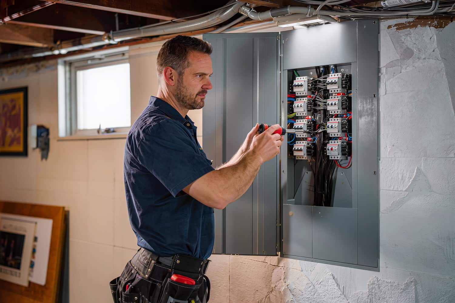 Smart load centre with the dead front off during an upgrade, breakers in two columns