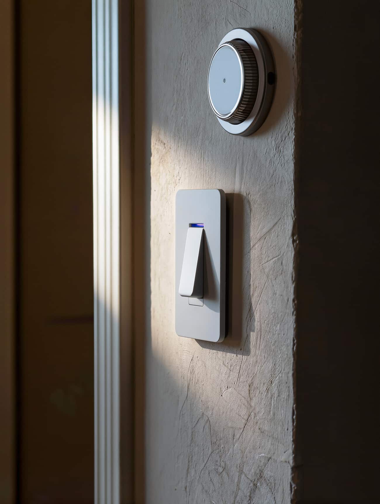Smart dimmer on a screwless plate next to an unlit round thermostat