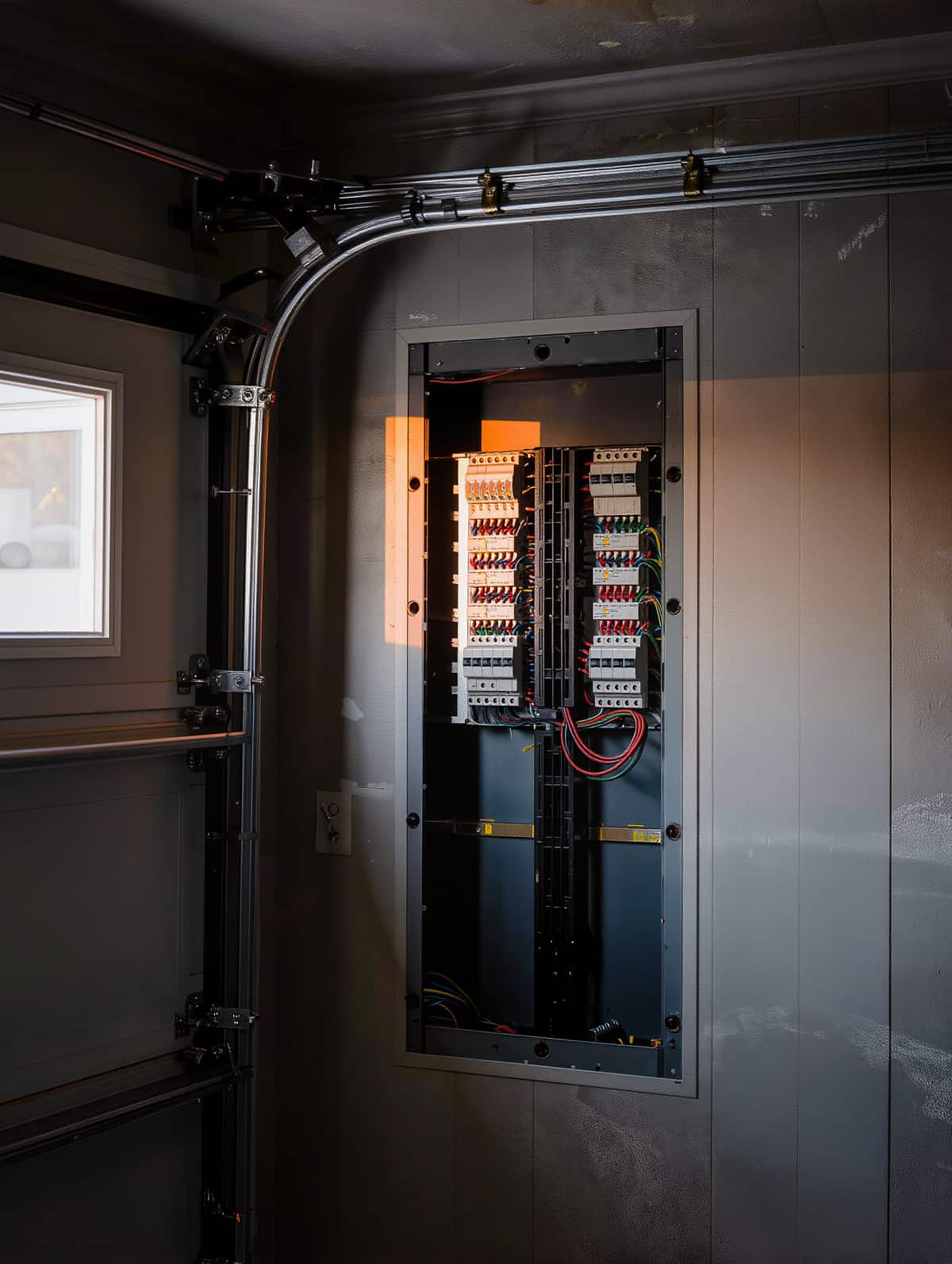 Finished subpanel with circuits landed in a clean comb and conduit from above