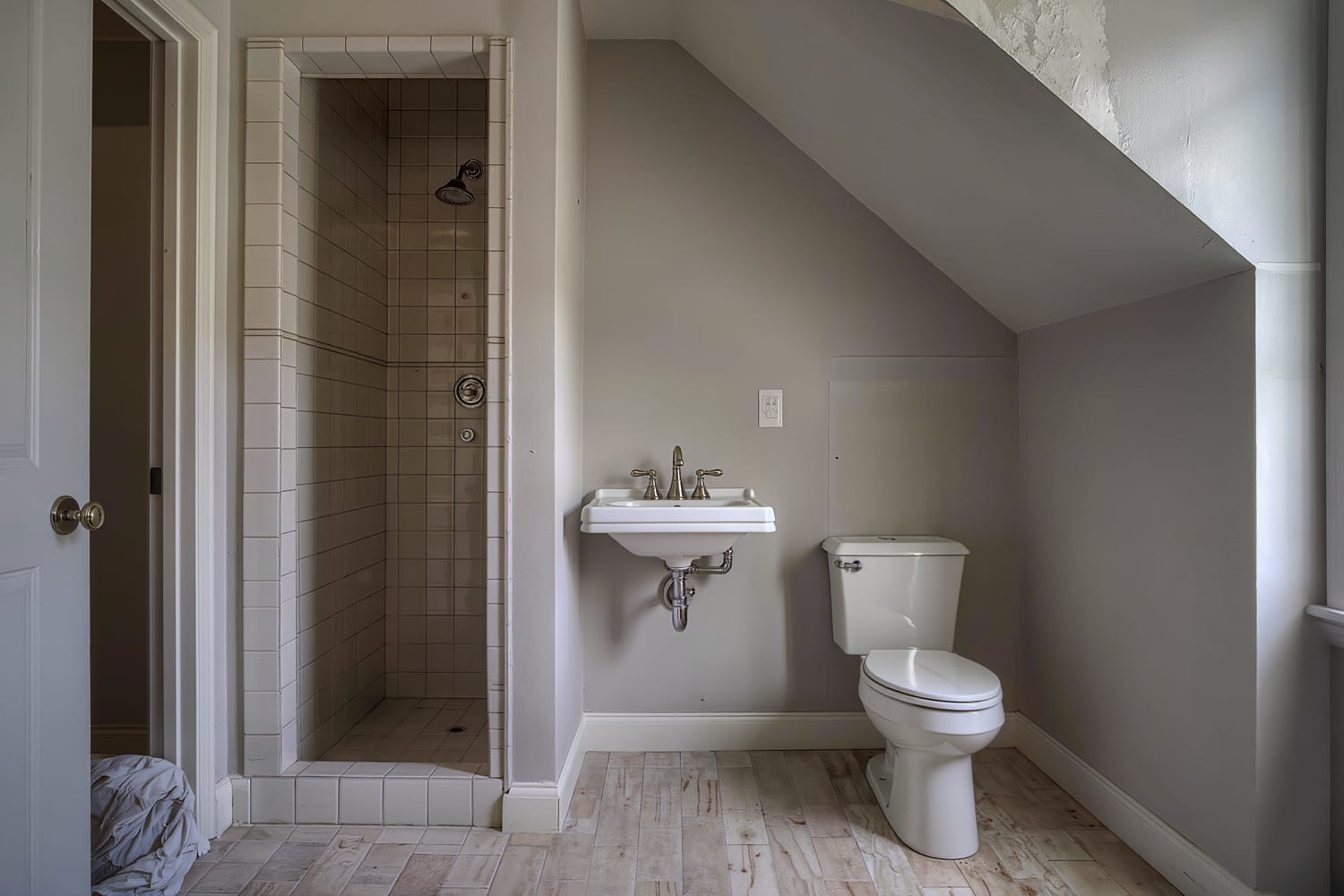 Finished bathroom after a remodel with a new vanity faucet, toilet and tiled shower valve
