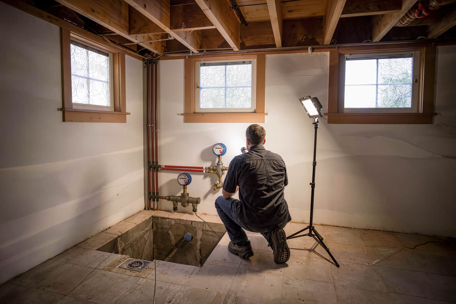 Plumber seen from behind checking the main shutoff and water meter in a basement utility corner