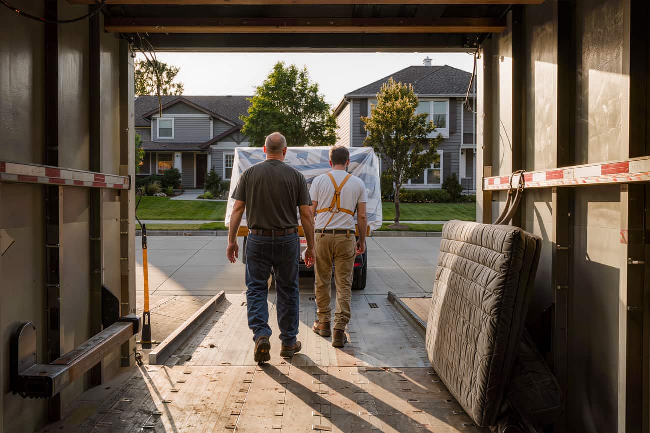 Two movers seen from behind carrying a blanket-wrapped dresser up a truck ramp