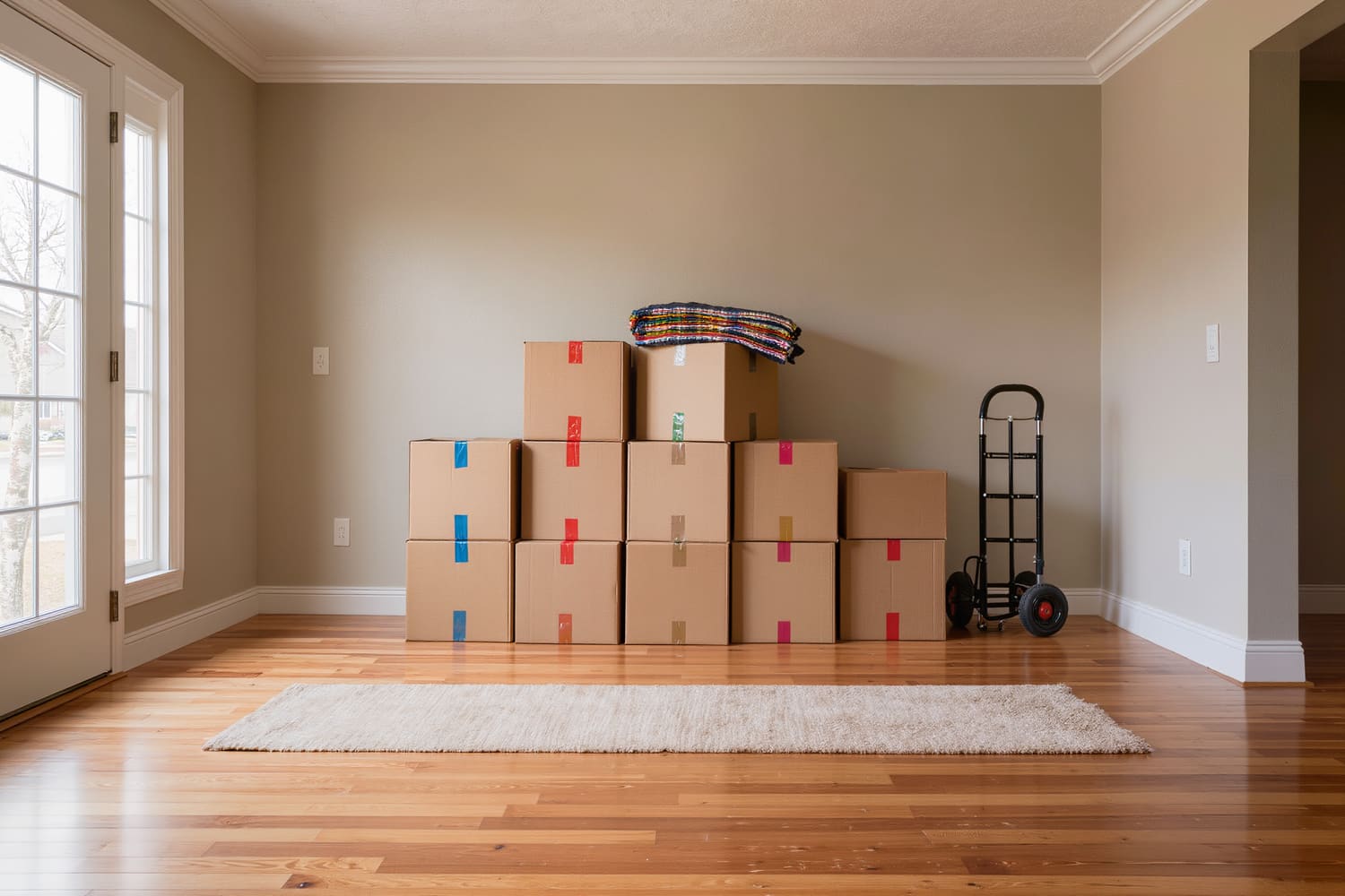Plain cartons stacked in even tiers by a front entry with a dolly waiting beside them
