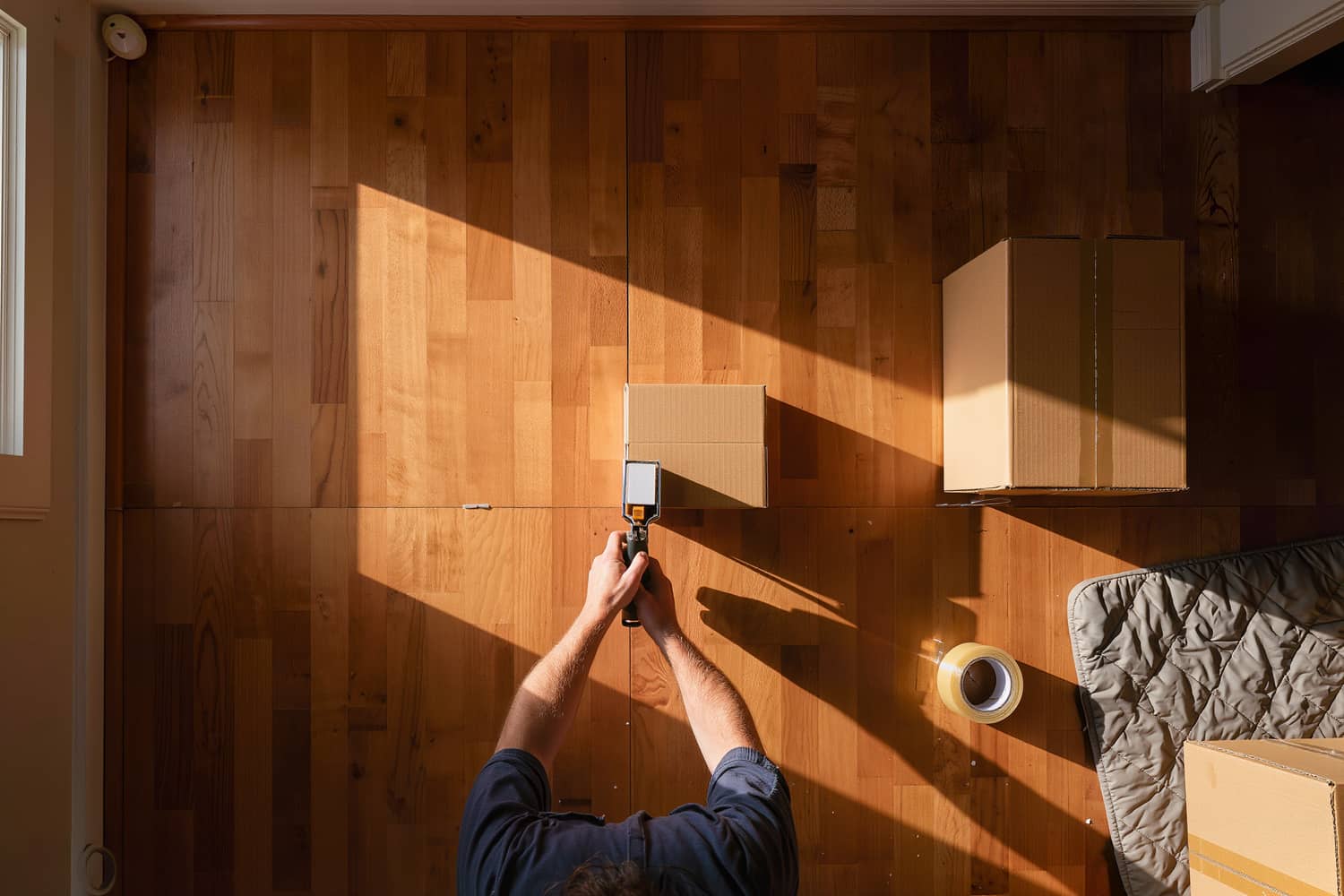 Overhead view of hands running a tape gun along the seam of a plain carton on bare floorboards
