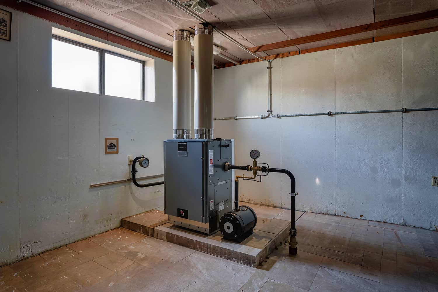 Newly installed condensing furnace with sealed plenum and vent piping in a basement mechanical room