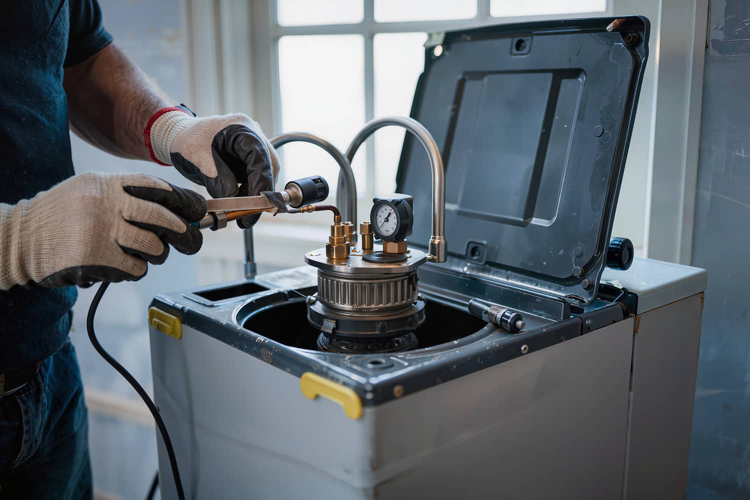 Close-up of gloved hands cleaning a flame sensor inside an open furnace burner compartment