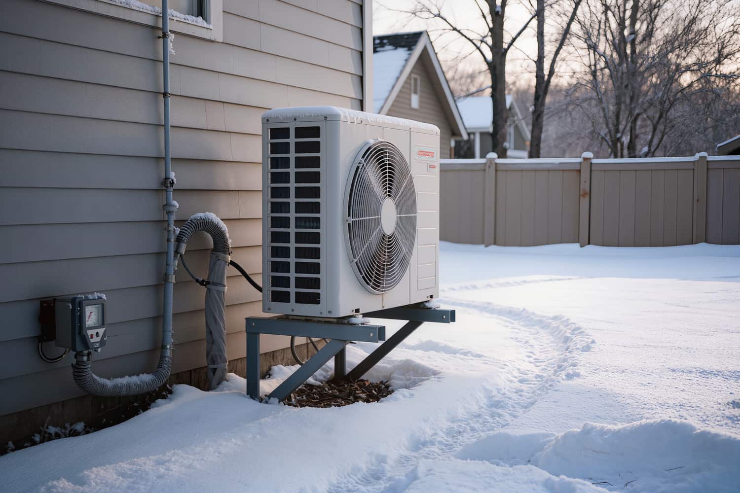 Outdoor heat-pump unit raised on a stand with the snow shovelled clear around it in winter