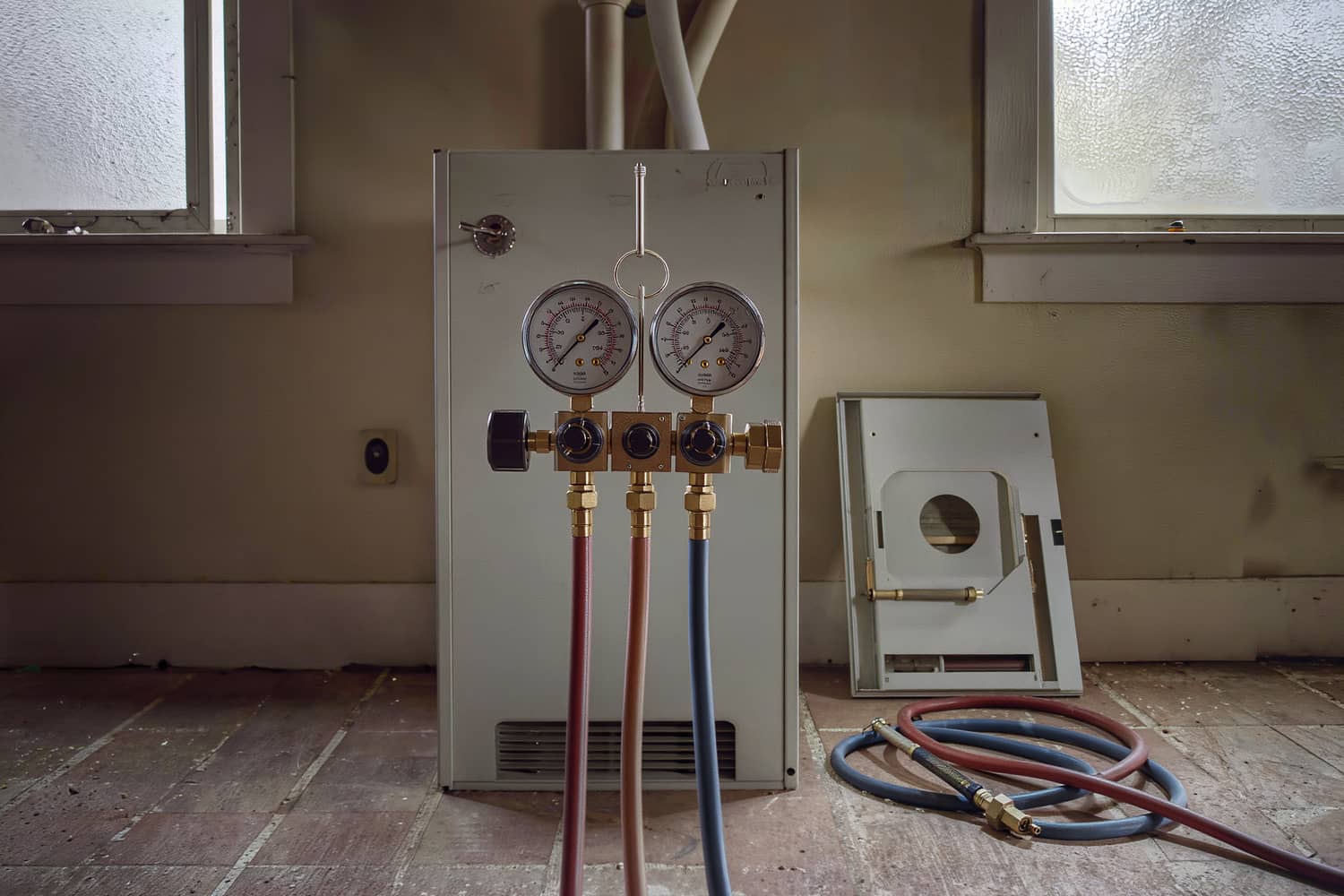 Refrigerant manifold gauge set hooked to the service ports of an indoor coil cabinet