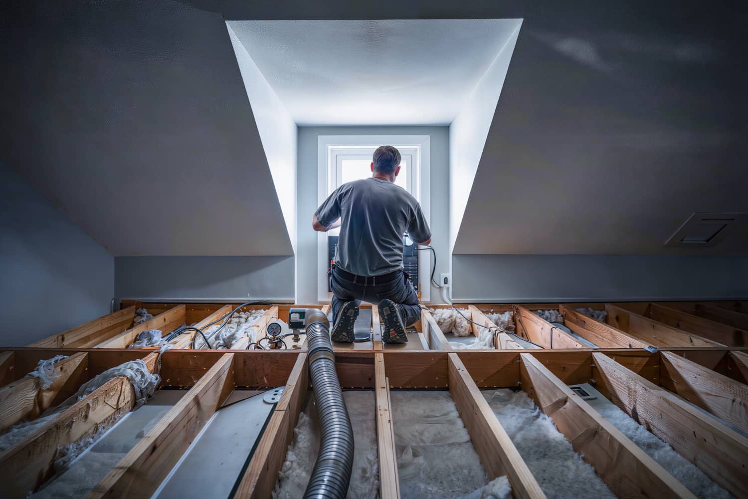 Technician seen from behind checking an attic air handler on a plywood platform between trusses