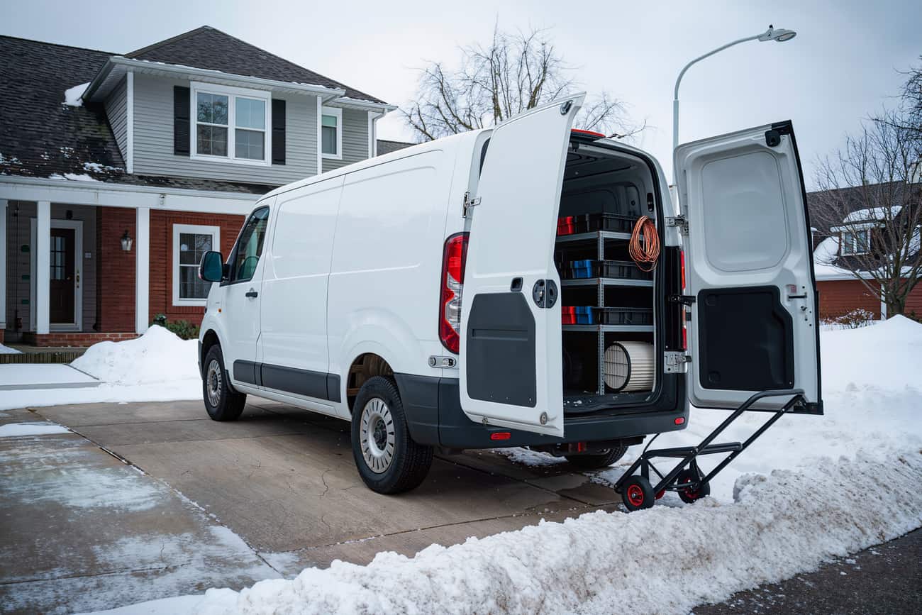 Plain white service van on a snow-edged driveway with its rear doors open on parts shelving