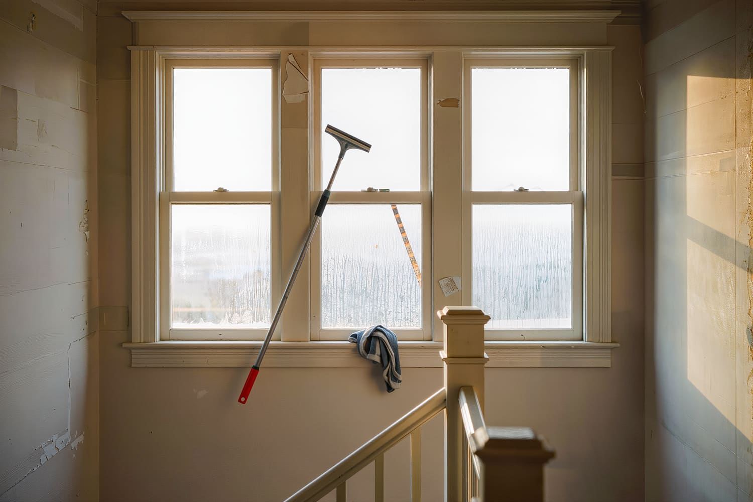 Cleaner drawing a squeegee down a stair-landing window in late afternoon light